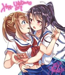  2girls black_hair blue_eyes brown_hair food gleision_adain high_school_fleet hug hug_from_behind looking_at_another misaki_akeno mouth_hold multiple_girls munetani_mashiro open_mouth ponytail red_eyes school_uniform twintails valentine yuri 