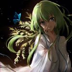  absurdres androgynous bangs branch brown_eyes butterfly enkidu_(fate/strange_fake) fate/strange_fake fate_(series) green_hair hair_between_eyes hand_on_own_cheek hand_up highres japanese_clothes leaf long_hair solo tosk_(swav-coco) upper_body wide_sleeves 