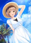  1girl blush breasts brown_eyes brown_hair clouds cloudy_sky dress hat lens_flare looking_at_viewer medium_breasts nayuta69 open_mouth original palm_tree short_hair sky smile solo straw_hat tree white_dress 