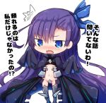  1girl beni_shake blue_bow blue_ribbon blush bow chibi eyebrows_visible_through_hair fate/grand_order fate_(series) hair_bow long_hair looking_at_viewer meltlilith navel open_mouth purple_hair ribbon solo text translation_request 