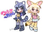  2girls animal_ears black_hair blonde_hair bow bowtie common_raccoon_(kemono_friends) fennec_(kemono_friends) fox_ears fox_tail gloves kemono_friends multicolored_hair multiple_girls open_mouth panty_&amp;_stocking_with_garterbelt parody raccoon_ears raccoon_tail short_hair skirt smile style_parody tail 