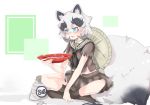  1girl alcohol animal_ears bandaid bandaid_on_nose black_hair blue_eyes blush cup drunk grey_hair hat inugami_gyoubu_(kemono_friends) kemono_friends miniskirt multicolored_hair no_shoes open_mouth raccoon_ears raccoon_tail sailor_collar sakazuki sake school_uniform simple_background sitting skirt socks solo tail tatu_nw white_background white_hair 