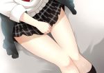  1girl alternate_costume bed_sheet black_legwear black_skirt commentary_request from_above highres kantai_collection kneehighs long_sleeves miniskirt ohiya plaid plaid_skirt shigure_(kantai_collection) shiny shiny_skin shirt sitting skirt skirt_tug solo thigh_gap white_shirt 