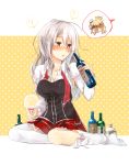  /\/\/\ 1girl ? alcohol blonde_hair bottle brown_eyes commentary cup drinking_glass drunk highres kantai_collection long_hair mine_r888 no_hat no_headwear open_mouth pola_(kantai_collection) silver_hair sitting solo spoken_question_mark star starry_background thigh-highs white_legwear wine wine_bottle wine_glass yokozuwari zara_(kantai_collection) 
