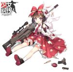  absurdres arm_warmers bag bullet girls_frontline gun hair_ornament hair_ribbon handgun highres looking_at_viewer m99_(girls_frontline) magazine_(weapon) mirrorks open_mouth pink_eyes pistol ribbon rifle scope sitting sniper_rifle weapon 