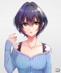  1girl absurdres alternate_hairstyle bangs black_hair breasts hayami_kanade highres idolmaster idolmaster_cinderella_girls idolmaster_cinderella_girls_starlight_stage ilo jewelry large_breasts looking_at_viewer necklace short_hair solo yellow_eyes 