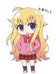  1girl ahoge blonde_hair blue_eyes bow bowtie chibi commentary gabriel_dropout hands_in_pockets highres hood hoodie long_hair plaid plaid_skirt school_uniform skirt tenma_gabriel_white toshi_mellow-pretty translated very_long_hair white_background 