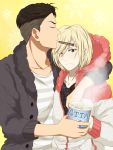  2boys black_hair blonde_hair closed_eyes cubisticking cup forehead_kiss green_eyes hair_ornament hairclip highres hood hoodie kiss male_focus multiple_boys one_eye_closed otabek_altin steam yaoi yuri!!!_on_ice yuri_plisetsky 