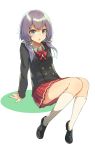  &gt;:o 1girl :o bangs black_shoes blue_eyes blush bow bowtie collared_shirt double-breasted eyebrows_visible_through_hair kneehighs knees_together_feet_apart loafers long_hair long_sleeves looking_at_viewer low_twintails open_mouth oweee plaid plaid_skirt purple_hair red_bow red_bowtie red_skirt school_uniform shirt shoes simple_background sitting skirt solo twintails vocaloid voiceroid white_background white_legwear white_shirt yuzuki_yukari 