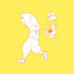  2boys arms_(game) baggy_pants cobushii_(arms) drone full_body highres hood hoodie kid_cobra male_focus microphone monochrome multiple_boys open_mouth pants shanty_(mattariino) shoes simple_background sneakers thumbs_up walking yellow_background 