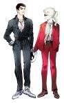  2boys ascot bespectacled black_gloves black_hair blonde_hair fashion formal giorno_giovanna glasses gloves guido_mista hat holding holding_hat jojo_no_kimyou_na_bouken male_focus multiple_boys pinstripe_pattern pinstripe_suit ponytail red_suit striped suit vertical_stripes zakki 