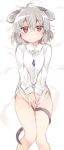  1girl akagashi_hagane animal_ears between_legs blush bottomless collared_shirt covering covering_crotch embarrassed from_above grey_hair groin highres jewelry looking_at_viewer lying mouse_ears mouse_tail nazrin necklace on_back red_eyes shirt short_hair sketch solo sweatdrop tail tail_between_legs touhou wavy_mouth 