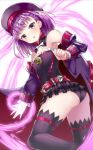  1girl ass bare_shoulders beret black_legwear blush bow bowtie detached_sleeves fate/grand_order fate_(series) hat helena_blavatsky_(fate/grand_order) looking_at_viewer open_mouth panties purple_hair revision shimo_(shimo_00) short_hair solo strapless thigh-highs underwear violet_eyes white_bow 