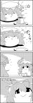  4koma comic commentary_request food greyscale hat hat_ribbon heart highres holding holding_spoon licking_lips mob_cap monochrome no_humans plate pudding remilia_scarlet ribbon short_hair shoujo_kitou-chuu smile sparkle spoon star tani_takeshi tongue tongue_out touhou translation_request yukkuri_shiteitte_ne 