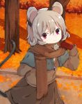  1girl adapted_costume akagashi_hagane alternate_costume animal animal_ears capelet gloves grey_hair jewelry light_particles long_sleeves looking_at_viewer mouse mouse_ears mouse_tail nature nazrin necklace red_eyes red_gloves scarf short_hair skirt smile solo sweater_vest tail touhou tree 