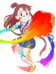  1girl asymmetrical_bangs bangs broom brown_hair highres holding holding_broom kagari_atsuko little_witch_academia no_shoes paint paint_splatter paint_stains red_eyes school_uniform short_ponytail tei-o white_background 