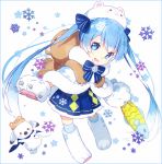  1girl animal_backpack animal_hat blue_eyes blue_hair chibi fish full_body gloves hakusai_(tiahszld) hat hatsune_miku leaning_forward long_hair open_mouth paw_gloves paw_shoes paws rabbit shoes simple_background skirt snowflakes twintails very_long_hair vocaloid white_background yuki_miku yukine_(vocaloid) 