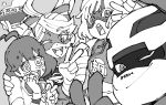  1boy 3girls @_@ ahoge al_bhed_eyes arms_(game) bangs beanie blunt_bangs bowl domino_mask greyscale hat helmet highres kid_cobra looking_at_another looking_at_viewer mask mechanica_(arms) min_min_(arms) monochrome multiple_girls photobomb ribbon_girl_(arms) self_shot sweat upper_body uzura3026 v 