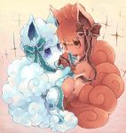  alola_form alolan_vulpix blue_bow blue_eyes blush bow brown_bow brown_eyes commentary_request eye_contact frilled_bow frills full_body gradient gradient_background kuronekotarou looking_at_another mouth_hold no_humans paws pokemon pokemon_(creature) sparkle tareme vulpix yellow_background 