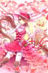  1girl ;o absurdly_long_hair boots bouquet bow brown_boots brown_eyes brown_hair crown dress elbow_gloves flower frilled_dress frills full_body gloves haru_urara_(racehorse) hat hat_flower kiritani846 long_hair looking_at_viewer one_eye_closed personification petals pink_bow pink_dress pink_gloves pink_hat ponytail solo standing umabi very_long_hair white_legwear 