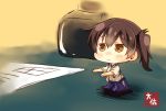  1girl artist_name black_legwear blue_hakama brown_eyes brown_hair chibi hair_between_eyes hakama highres japanese_clothes kaga_(kantai_collection) kantai_collection minigirl orange_background short_hair side_ponytail solo taisa_(kari) tasuki thigh-highs 