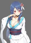  1girl blue_hair blush breasts character_request cleavage commentary_request copyright_request eyebrows_visible_through_hair flower hair_flower hair_ornament hair_ribbon highres large_breasts long_hair looking_at_viewer mikazuchi_zeus red_eyes ribbon smile solo tongue tongue_out white_ribbon 