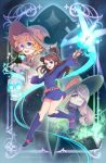  3girls boots brown_hair channelsquare dress freckles glasses hair_over_one_eye hairband hat kagari_atsuko little_witch_academia long_hair lotte_jansson multiple_girls open_mouth orange_hair pink_hair purple_hair red_eyes short_hair skirt smile sucy_manbavaran witch witch_hat 