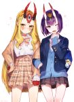  2girls :&lt; artist_name blonde_hair eyebrows_visible_through_hair fangs fate/grand_order fate_(series) hand_on_hip highres horns ibaraki_douji_(fate/grand_order) long_hair looking_at_viewer mika_pikazo multiple_girls one_eye_closed open_mouth plaid plaid_bowtie plaid_skirt purple_hair short_hair shuten_douji_(fate/grand_order) skirt sweater_vest violet_eyes yellow_eyes 