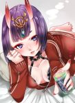  1girl barefoot blush bob_cut breasts cleavage eyebrows_visible_through_hair fang fate/grand_order fate_(series) glass highres jacket looking_at_viewer lying medium_breasts nail_polish oni oni_horns purple_hair red_nails shime short_hair shuten_douji_(fate/grand_order) smile solo violet_eyes 