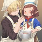  2girls apron bangs blonde_hair blue_eyes blunt_bangs blush bridgette_(granblue_fantasy) brown_hair chef_hat chef_uniform closed_eyes cordelia_garnet feeding food granblue_fantasy harbin hat ladle multiple_girls obui pointy_ears pot short_hair soup 