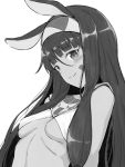  1girl bangs blush bokokichi_(you) breasts closed_mouth dark_skin egyptian egyptian_clothes eyebrows_visible_through_hair fate/grand_order fate_(series) greyscale long_hair looking_at_viewer monochrome nitocris_(fate/grand_order) simple_background small_breasts smile solo upper_body 