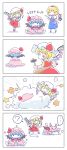 &gt;_&lt; ... 3girls 4koma ? alice_margatroid baseball_bat bat_wings blonde_hair blue_dress blue_hair candle capelet closed_eyes comic dress flandre_scarlet frilled_hat frills hairband hammer hat hat_ribbon highres itatatata multiple_girls pink_dress pink_hat puffy_short_sleeves puffy_sleeves red_hairband red_ribbon red_skirt remilia_scarlet ribbon shanghai_doll short_hair short_sleeves side_ponytail silent_comic skirt smile sparkle spoken_ellipsis spoken_question_mark star touhou translation_request whip white_hat wings yellow_ascot 