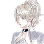  1boy 1girl blonde_hair blue_eyes earrings final_fantasy final_fantasy_xv hair_braid hair_up high_ponytail jewelry lipstick lunafreya_nox_fleuret makeup solo zakki 