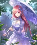  1girl artist_name blue_sky brown_eyes dated day dress flower hair_flower hair_ornament highres long_hair looking_at_viewer original outdoors parasol purple_dress redhead shente_(sharkpunk) sky solo standing umbrella 