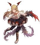  1girl ame_sagari bat_wings black_skirt blonde_hair blush fang flower frilled_skirt frills granblue_fantasy head_wings long_hair long_sleeves outstretched_arms pointy_ears red_eyes red_rose rose shirt skirt smile solo spread_arms vampire vampy white_shirt wings 