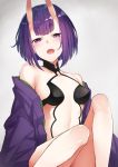  1girl bare_shoulders blush bokokichi_(you) breasts eyebrows_visible_through_hair fangs fate/grand_order fate_(series) horns japanese_clothes kimono knees_up looking_at_viewer off_shoulder oni oni_horns open_clothes open_kimono open_mouth purple_hair purple_kimono revealing_clothes short_hair shuten_douji_(fate/grand_order) simple_background sitting small_breasts solo tsurime violet_eyes 