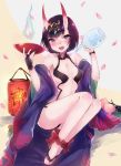  1girl :d alcohol blush bob_cut bottle breasts cup eyebrows_visible_through_hair fangs fate/grand_order fate_(series) food fruit highres japanese_clothes kimono looking_at_viewer medium_breasts nana_na navel oni oni_horns open_mouth petals purple_hair red_ribbon ribbon sakazuki sake short_hair shuten_douji_(fate/grand_order) smile solo violet_eyes 