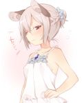  1girl akagashi_hagane alternate_costume alternate_hairstyle animal_ears blush braid flying_sweatdrops gradient gradient_background grey_hair jewelry looking_at_viewer mouse_ears nazrin necklace one_eye_closed ponytail red_eyes shirt short_hair sleeveless solo sweatdrop text touhou upper_body 