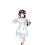  1girl angel angel_wings artist_request bangs black_hair blunt_bangs blush collarbone dress flower green_eyes hair_flower hair_ornament hairclip head_wreath kurosawa_dia long_hair looking_at_viewer love_live! love_live!_school_idol_festival love_live!_sunshine!! mole mole_under_mouth official_art open_mouth ribbon smile solo transparent_background wings 
