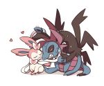  :3 all_fours blank_eyes blush_stickers bow cheek-to-cheek chibi clenched_teeth closed_eyes dragon fang full_body heart hydreigon multiple_heads no_humans pokemon pokemon_(creature) ribbon simple_background sitting smile ssalbulre sweat sylveon tail teeth trembling violet_eyes white_background wings 