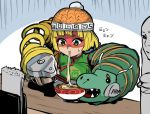  1girl arms_(game) bangs beanie blonde_hair blunt_bangs bob_cut bowl character_name chinese chinese_clothes chopsticks closed_mouth clothes_writing domino_mask dragon dragon_(arms) eastern_dragon eating eyelashes food food_in_mouth frown green_eyes green_shirt hat knit_hat mask min_min_(arms) noodles orange_hat ramen sharp_teeth shirt short_hair short_sleeves solo_focus soup sweat teeth turtleneck unichiri upper_body 