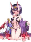  1girl ankle_ribbon bare_shoulders branch breasts cherry cup fang_out fate/grand_order fate_(series) feet food fruit full_body gluteal_fold gourd grapes hair_ornament holding holding_fruit japanese_clothes kimono kinnotama_(erokosei) kneeling looking_at_viewer mouth_hold navel oni_horns peach purple_hair red_ribbon ribbon sakazuki short_hair shuten_douji_(fate/grand_order) simple_background small_breasts smile solo thigh_gap toes violet_eyes white_background wide_sleeves 