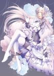  1boy absurdres boots cravat flower gloves hair_flower hair_ornament haru_(inamura4) hat hat_feathers high_heel_boots high_heels highres long_hair male_focus personification riding_crop snow_dragon_(racehorse) solo umabi vest violet_eyes white_boots white_gloves white_hair 