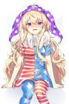  1girl ahoge american_flag_dress american_flag_legwear bandaid bandaid_on_face blonde_hair blush cheunes clownpiece crying crying_with_eyes_open dress fairy_wings hair_between_eyes hat highres jester_cap long_hair looking_at_viewer neck_ruff polka_dot_hat purple_hat short_sleeves sidelocks simple_background sitting solo star star_print striped striped_dress tears touhou very_long_hair violet_eyes wavy_hair white_background wings 