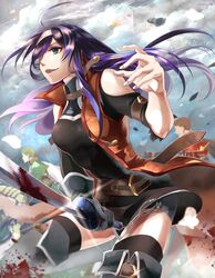  1girl 2boys artist_name bare_shoulders blood bloody_weapon blurry boots breasts clouds cloudy_sky cowboy_shot cyaca_ab depth_of_field dress fire_emblem fire_emblem:_akatsuki_no_megami green_eyes green_hair grin hair_over_one_eye hairband horseback_riding jacket katana kieran lips long_hair multiple_boys oscar purple_hair redhead riding short_hair sky smile solo_focus sword thigh-highs thigh_boots turtleneck wayu_(fire_emblem) weapon 