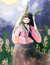  1girl ^_^ absurdres animal_ears bangs black_hair black_skirt blouse blunt_bangs bow bowtie closed_eyes commentary_request cowboy_shot facing_viewer fake_animal_ears highres holding holding_leaf houraisan_kaguya komaku_juushoku leaf long_hair long_skirt moon night pink_blouse sidelocks skirt smile solo touhou white_bow white_bowtie wide_sleeves 