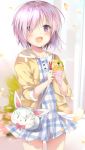 1girl bag commentary_request crepe dress fate/grand_order fate_(series) food fou_(fate/grand_order) hair_over_one_eye open_mouth plaid plaid_dress ponika purple_hair shielder_(fate/grand_order) short_hair smile solo violet_eyes 