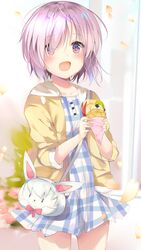  1girl bag commentary_request crepe dress fate/grand_order fate_(series) food fou_(fate/grand_order) hair_over_one_eye open_mouth plaid plaid_dress ponika purple_hair shielder_(fate/grand_order) short_hair smile solo violet_eyes 