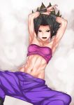  1girl abs armpits bare_shoulders black_eyes black_hair breasts caulifla dragon_ball dragon_ball_super jack_hamster looking_at_viewer medium_breasts midriff navel open_mouth short_hair signature solo spread_legs 