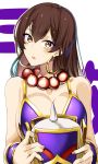  1girl bare_shoulders blush bracer breasts brown_eyes brown_hair cleavage earrings fate/grand_order fate_(series) hat hat_removed headwear_removed jewelry koko_shiguma long_hair looking_at_viewer necklace open_mouth xuanzang_(fate/grand_order) 